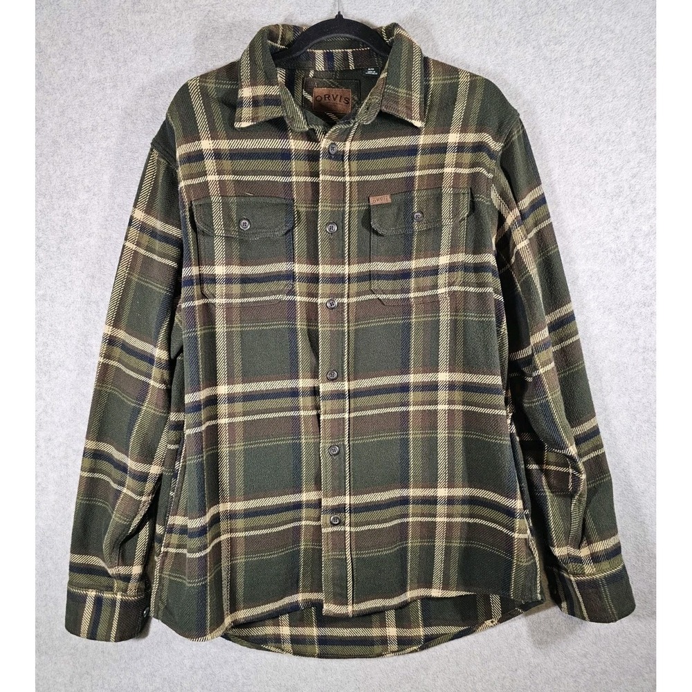 Orvis Big Bear Flannel Shirt Mens M Gree Tan Check Heavyweight Button-Up Shacket